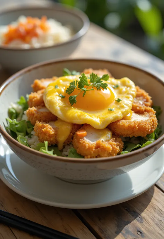 Katsudon met curry en groenten, kip in krokant jasje, geserveerd met verse koriander