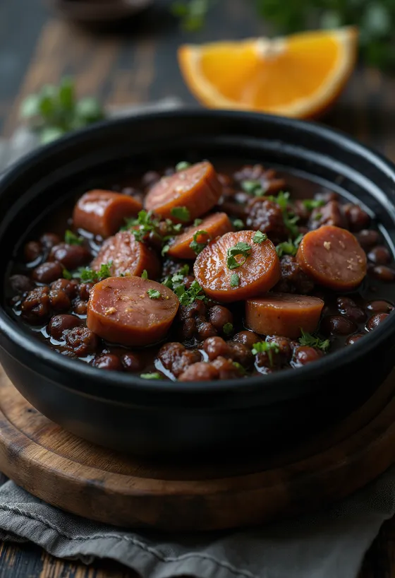 Feijoada met gerookt varkensvlees geserveerd, rijke, dikke soep