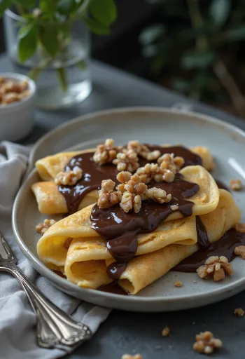 Vers gemaakte Gundel pannenkoek, gevuld met walnootcrème, overgoten met chocoladesaus, geserveerd op een bord.