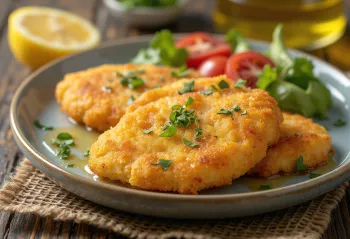 Milanesa in olijfolie, krokant gepaneerd vlees, geserveerd met citroen