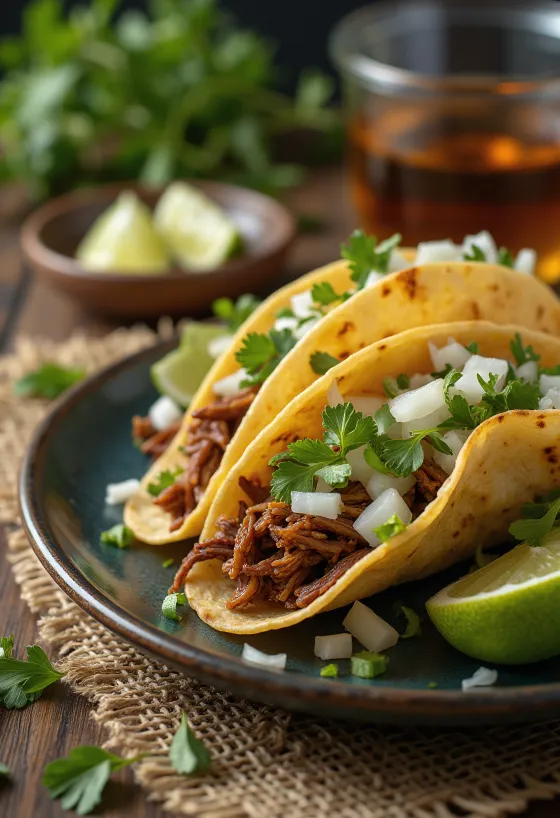 Pulled Beef Taco, mals rundvlees in tortilla, met koolsalade en koriander