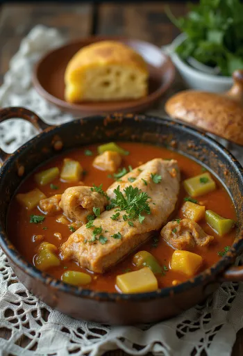 Stoofpot van alligatorstaart geserveerd met vers brood.