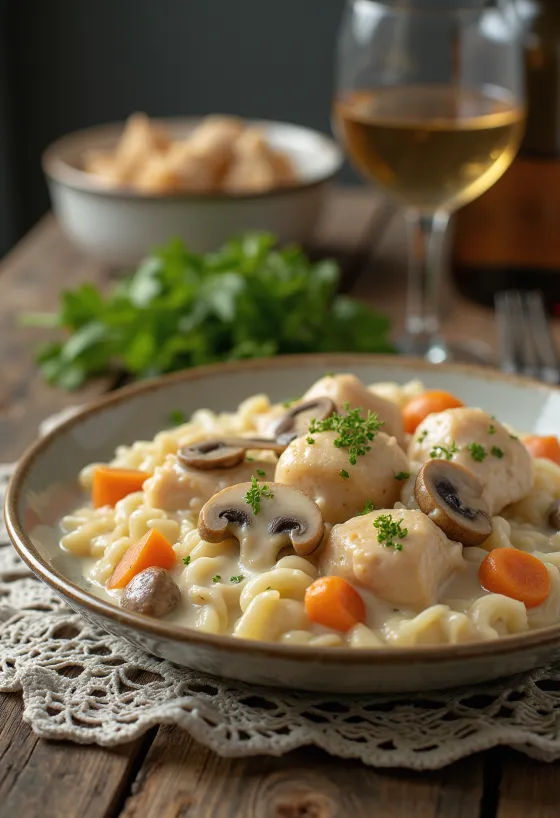 Kippenfricassee geserveerd met roomsaus