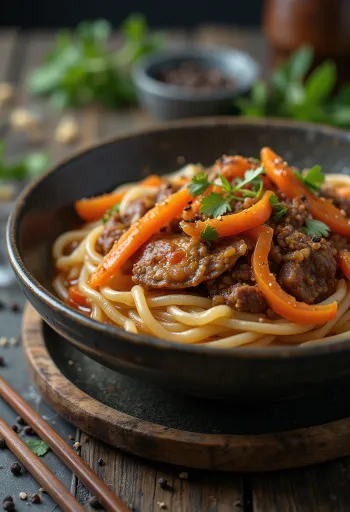 Lagman met rundvlees geserveerd, met verse groenten en in een rijke sojasausbouillon
