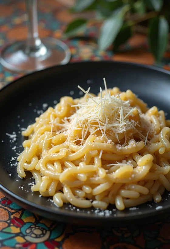 Italiaanse risotto met romige textuur, versierd met kaas en kruiden