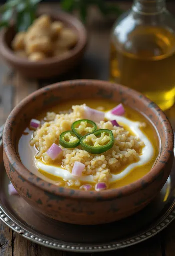 Panta bhat geserveerd met yoghurt, gegarneerd met groene chili en mosterdolie