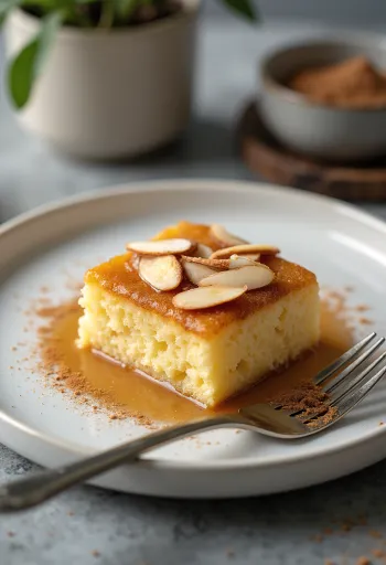 Revani met kaneel, geserveerd met siroop en amandelen