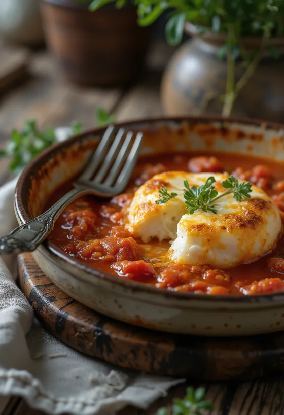 Saganaki in tomatensaus, geserveerd met feta kaas, bestrooid met peterselie