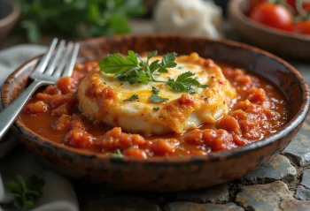 Saganaki in tomatensaus, geserveerd met feta kaas, bestrooid met peterselie