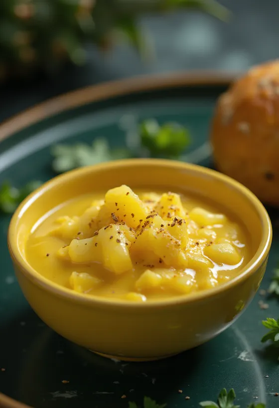 Ananas-kerrie-mosterdsaus geserveerd