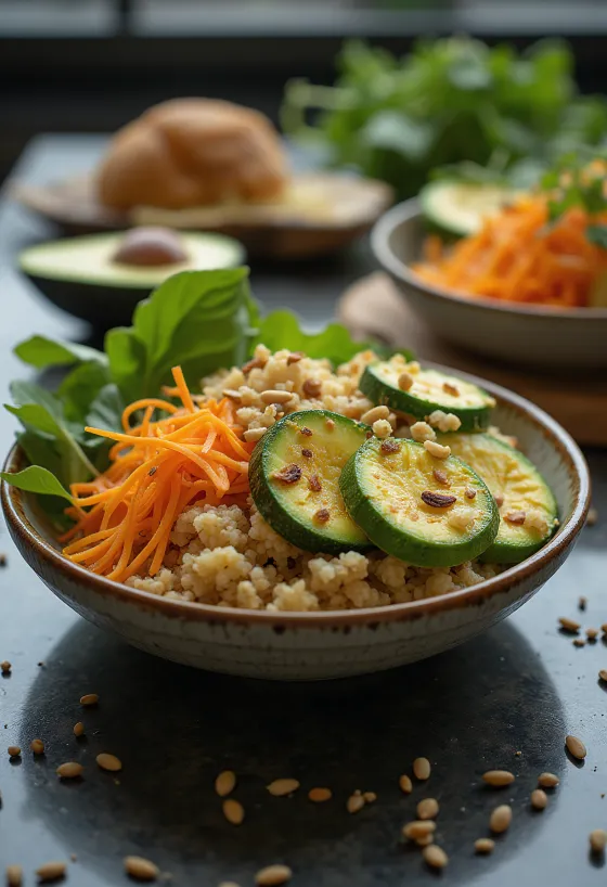 Avocado-courgette boeddha bowl geserveerd