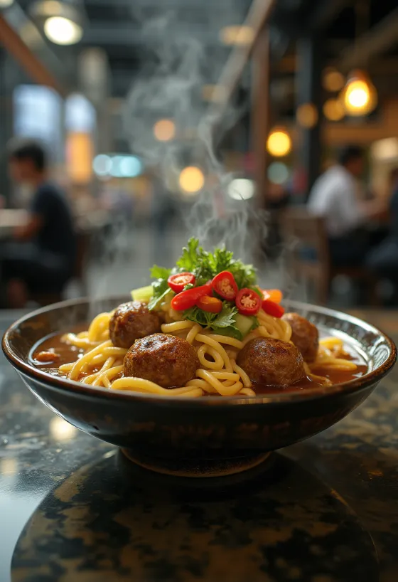 Bakso met noedels, geserveerd met rijke gehaktballetjes, verse koriander en chili
