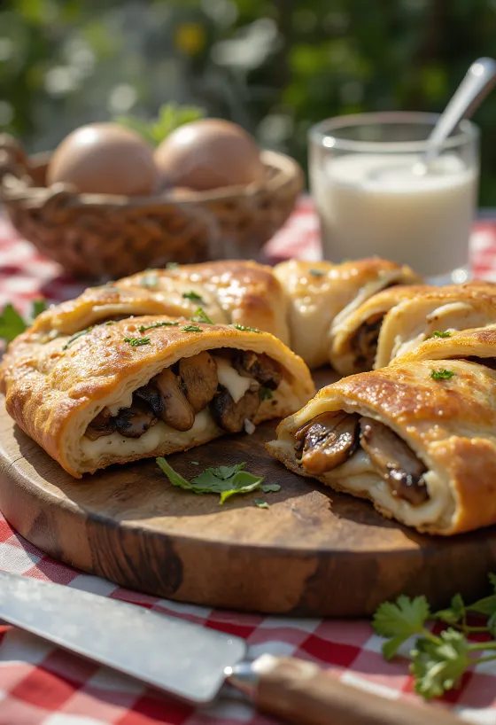 Close-up van een calzone gevuld met sappige gebakken champignons