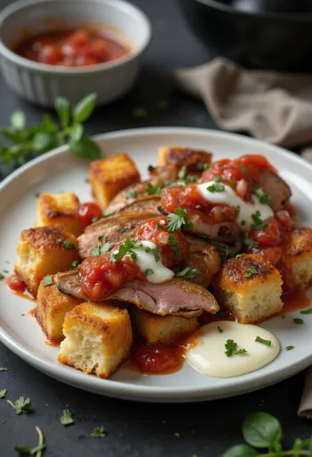 İskender kebab op een bord: geroosterd vlees op broodblokjes met tomatensaus, boter, yoghurt en gegrilde groenten