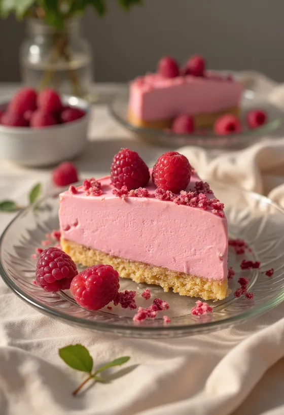 Frambozenmousse taart versierd met frambozen