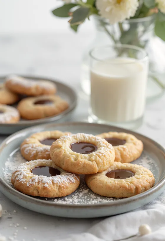 Linzerkoekjes met hazelnootcrème bestrooid met poedersuiker, geserveerd op een bord
