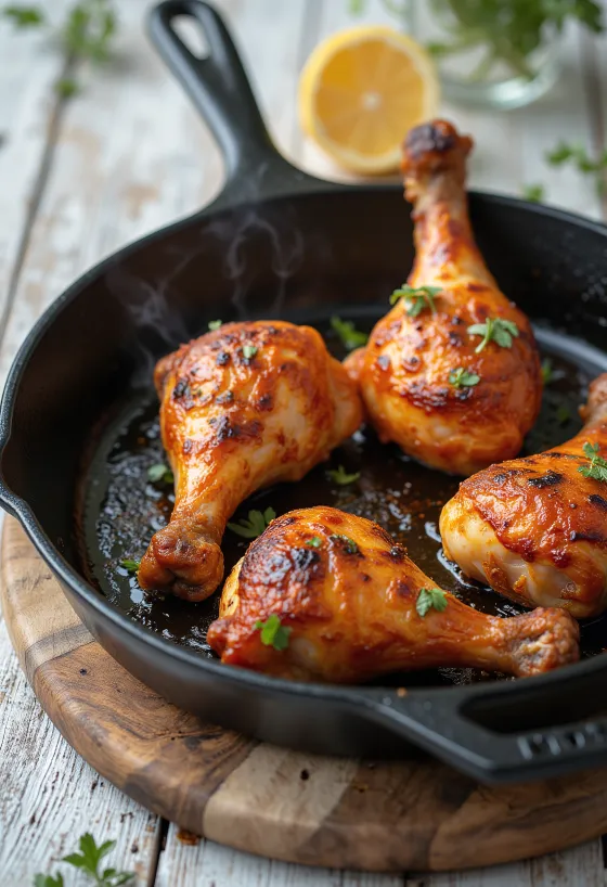 Pikant gekruide gebraden kippenbout geserveerd met verse groenten.