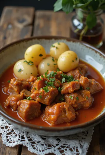 Pörkölt met schapenvlees geserveerd met vers brood en augurken