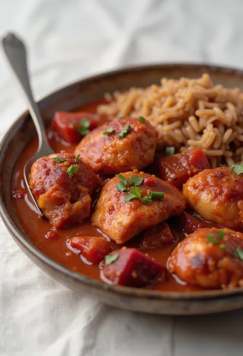 Stoofpot met kip, biet en prei, geserveerd in een dikke saus op een licht bord