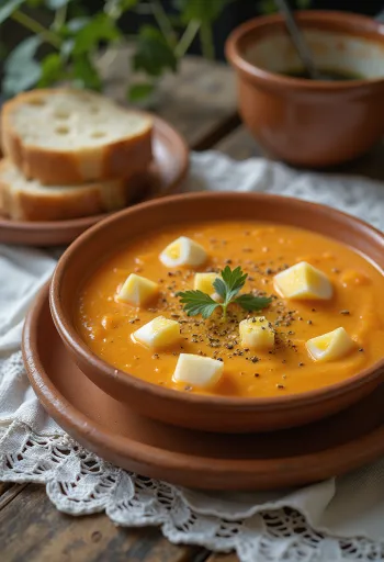 Salmorejo met gekookt ei, geserveerd met verse koriander