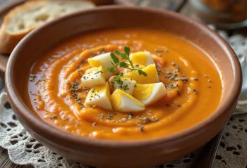 Salmorejo met gekookt ei, geserveerd met verse koriander
