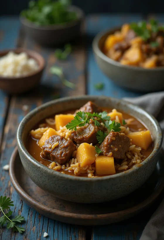 Gamjatang met gebakken rijst, rijke Koreaanse zoete aardappelsoep met vlees en verse koriander