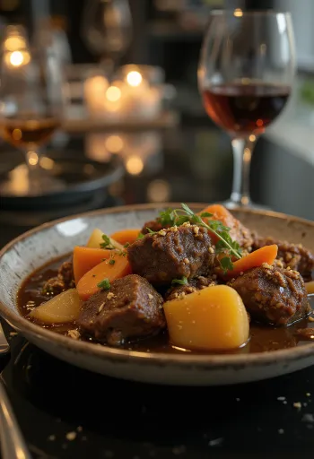 Antilopenstoofpot met groenten geserveerd in een rustieke kom.