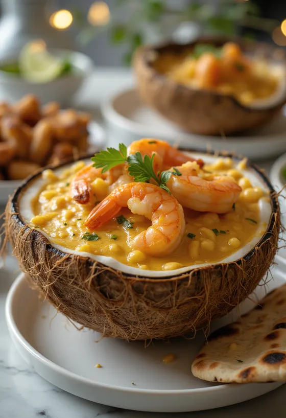 Daab Chingri garnalen met garam masala, geserveerd met kokosmelk en verse koriander
