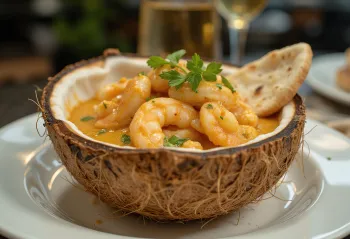 Daab Chingri garnalen met garam masala, geserveerd met kokosmelk en verse koriander