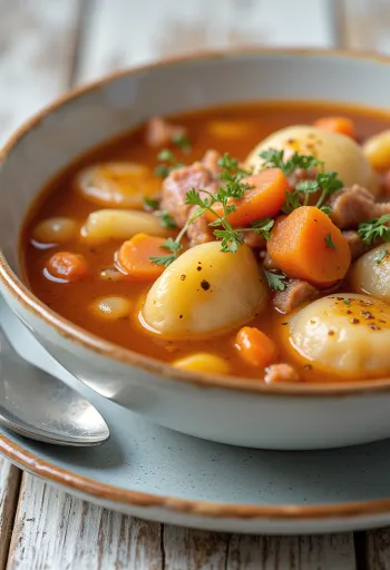 Vegetarische goulash rijkelijk gevuld met groenten en paprikapoeder.