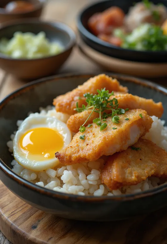 Katsu Donburi geserveerd met knapperig gepaneerd varkensvlees en eiersaus