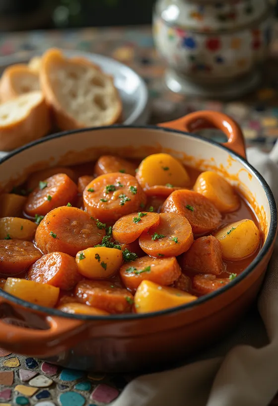 Aardappelpaprikash met sappige aardappelstukjes, gerookte worst en verse peterselie