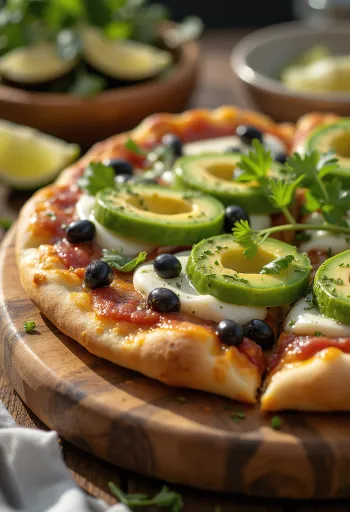 Pizza Mexicana met jalapeño pepers, zwarte bonen en avocado