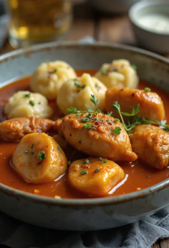 Pörkölt met kwartel geserveerd