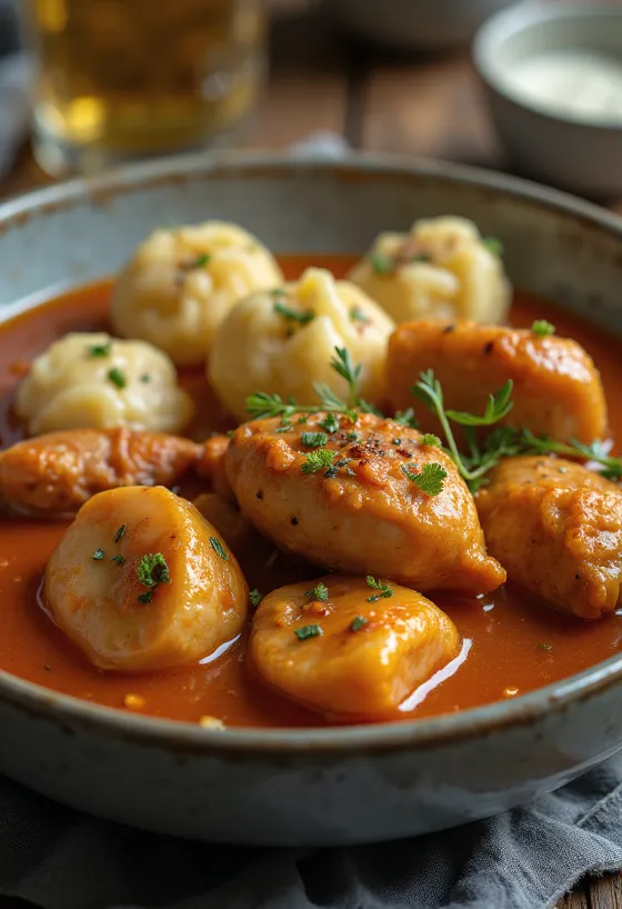 Pörkölt met kwartel geserveerd