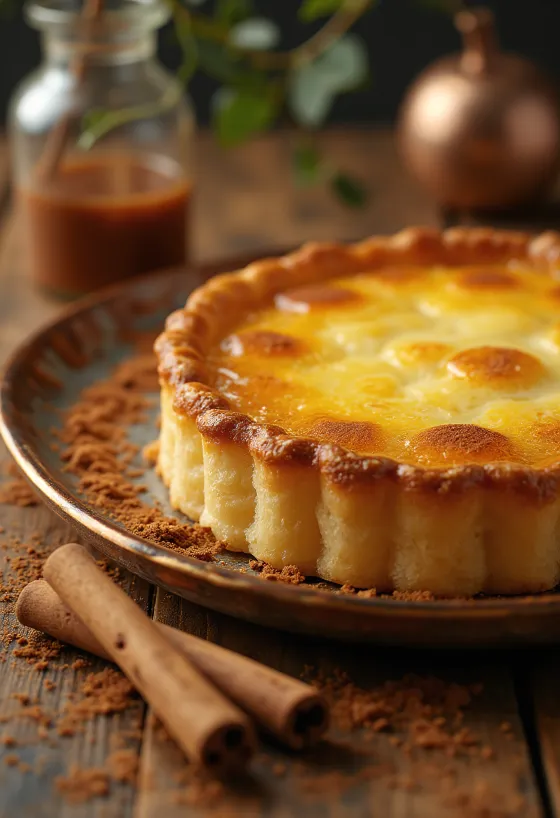Portugese pastel de nata-taart met goudbruine bovenkant en gevuld met vanillecrème