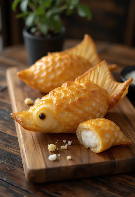 Taiyaki met mochi-vulling, een Japanse zoetigheid met fijn rijstmeeldeeg en zoete vulling
