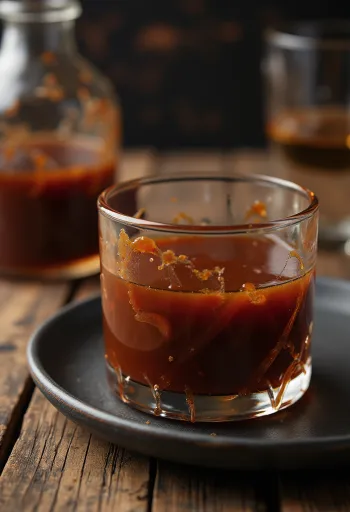 Barbecuesaus met bourbon whiskey in een kom, met verse kruiden en grillvlees op de achtergrond.