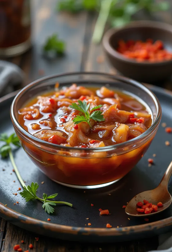 BBQ marinade met ui en chili geserveerd