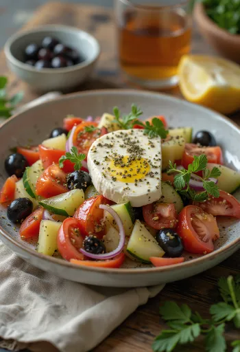 Verse Griekse salade met feta kaas, olijven en sappige tomaten