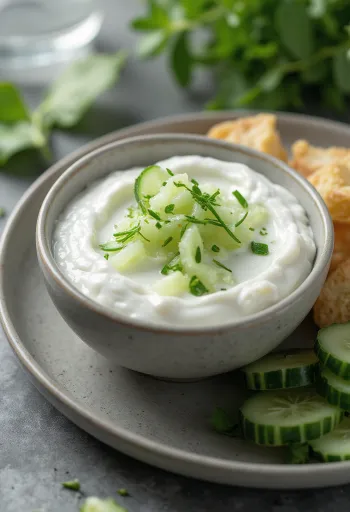 Yoghurt-komkommersaus geserveerd met verse groenten