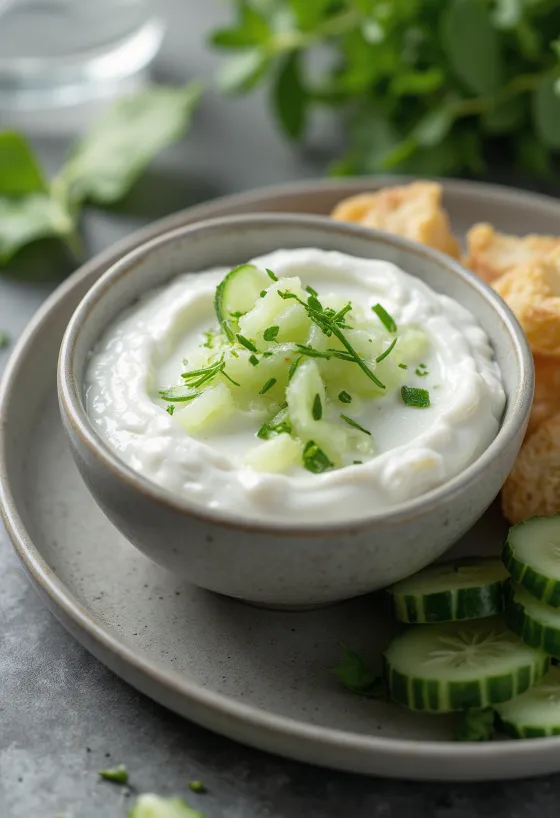 Yoghurt-komkommersaus geserveerd met verse groenten