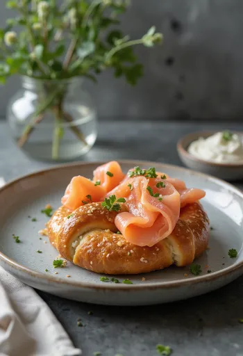 Pretzel met dille en zalm geserveerd