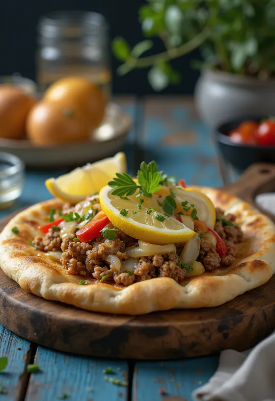 Klassieke Lahmacun geserveerd met vers deeg en kruidige vleesvulling