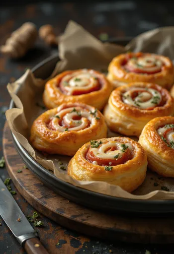 Vers gebakken pizzarolletjes gevuld met gesmolten kaas en tomatensaus, geserveerd op een bord.