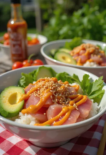 Poké bowl geserveerd met verse tonijn, avocado, sesamzaad en srirachasaus