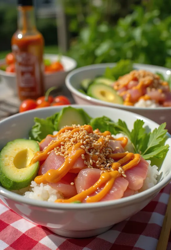 Poké bowl geserveerd met verse tonijn, avocado, sesamzaad en srirachasaus