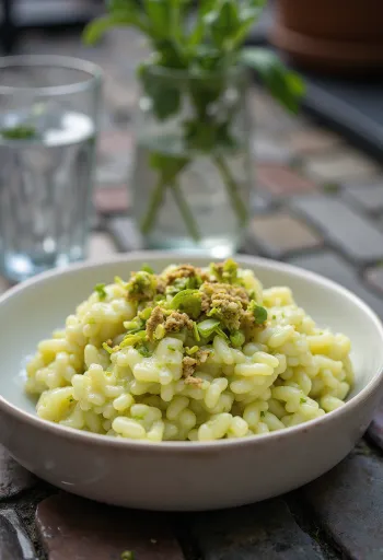 Romige risotto bestrooid met pistache, geserveerd in een lichte kom