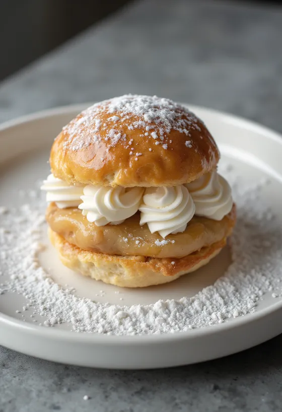 Klassieke Semla met marsepein, roomgebak bestrooid met poedersuiker in rustieke presentatie