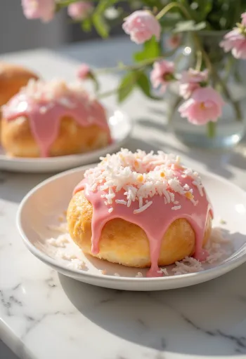 Skolebrød met gekleurd glazuur en kokos, heerlijke gebakjes